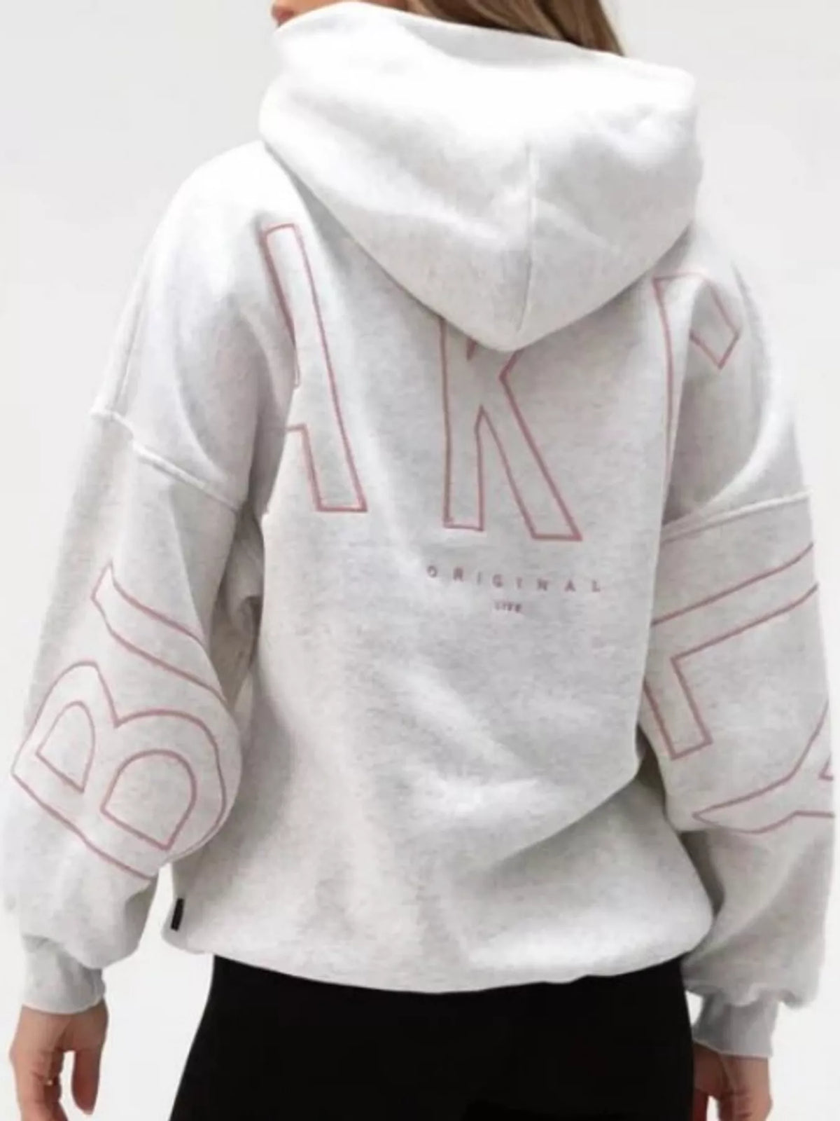 Light gray letter Back Hoodie with Kangaroo Pocket — back view