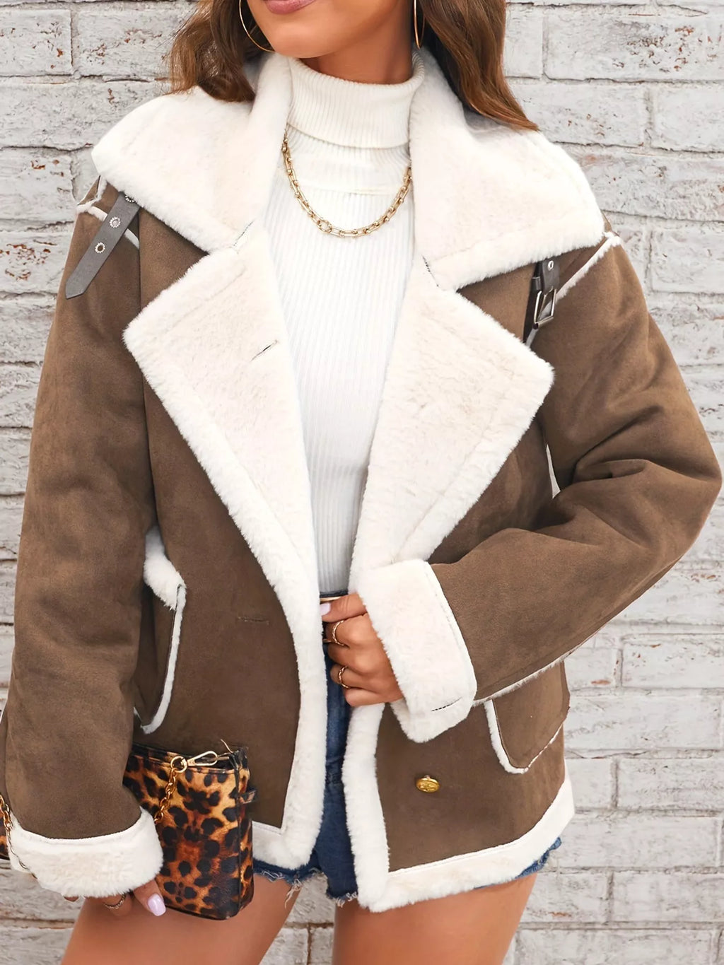 Brown jacket with wide white plush lapels, contrast trim and front pockets, front view modeled worn open.