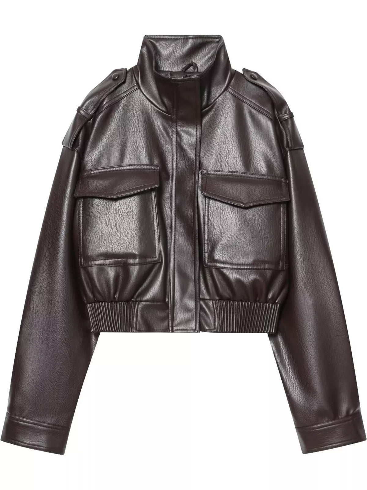 Coffee-brown faux-leather cropped bomber jacket, front view.
