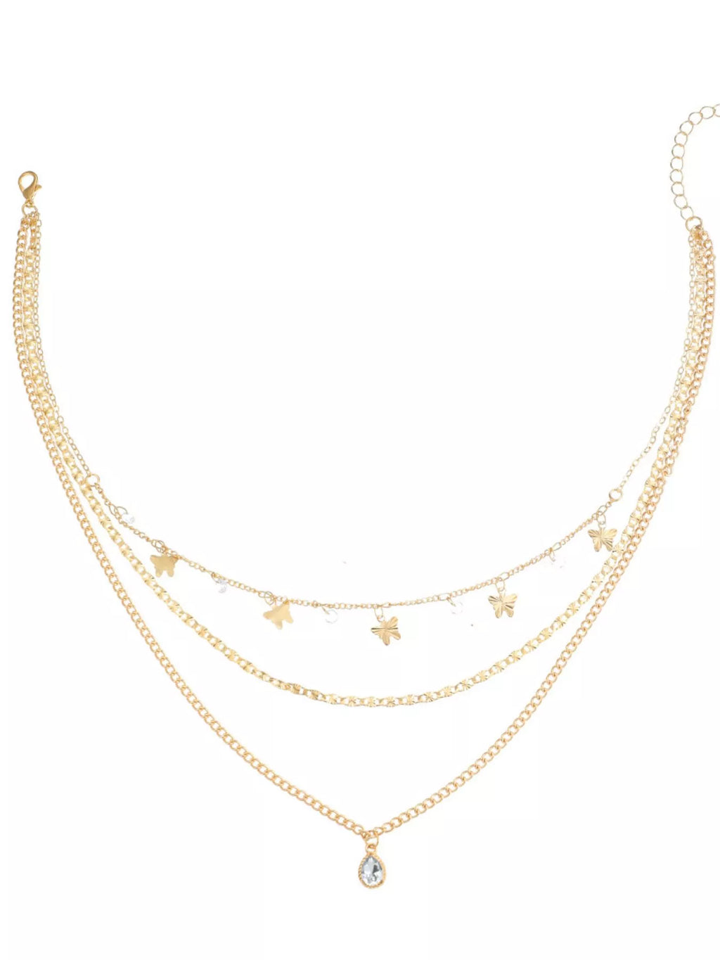 Layered gold-tone necklace with butterfly and clear stone charms