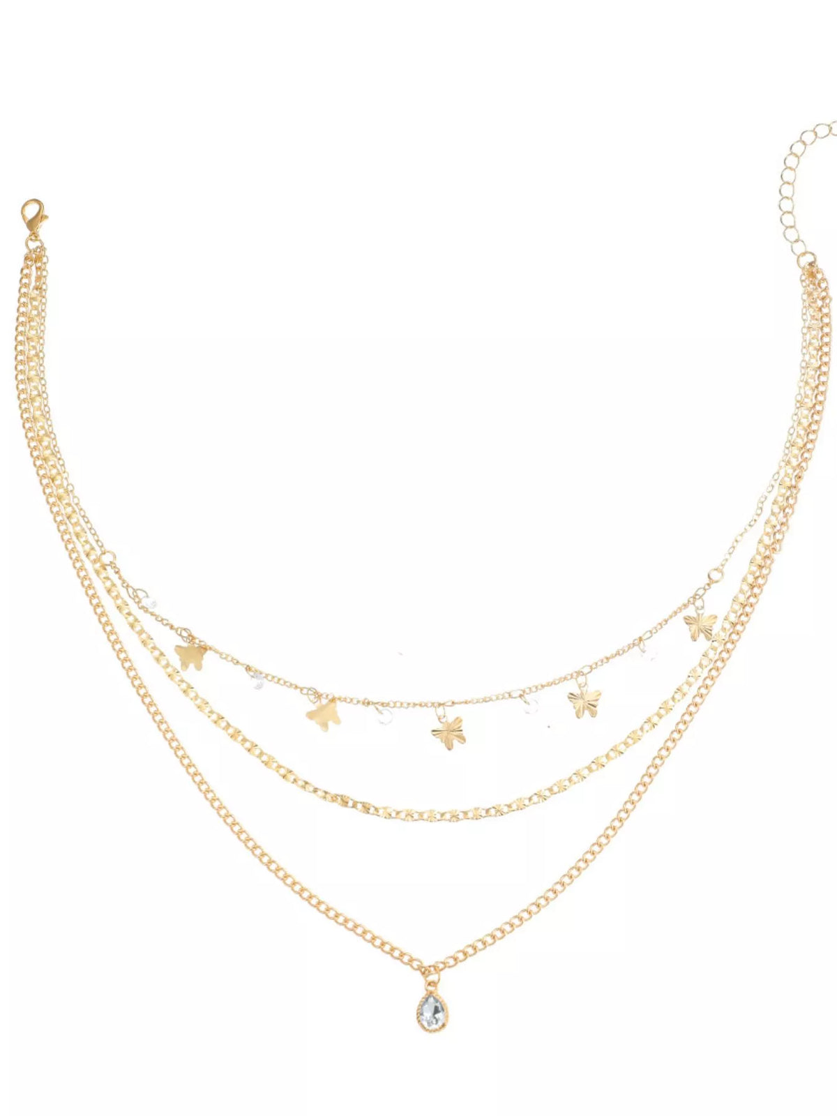 Layered gold-tone necklace with butterfly and clear stone charms