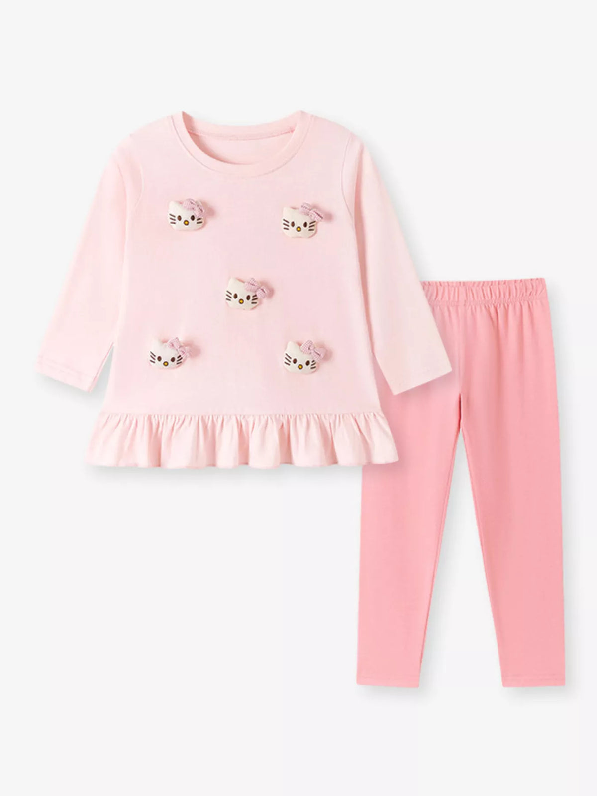 Flat lay of the pink long-sleeve cat-applique ruffle top and matching leggings.