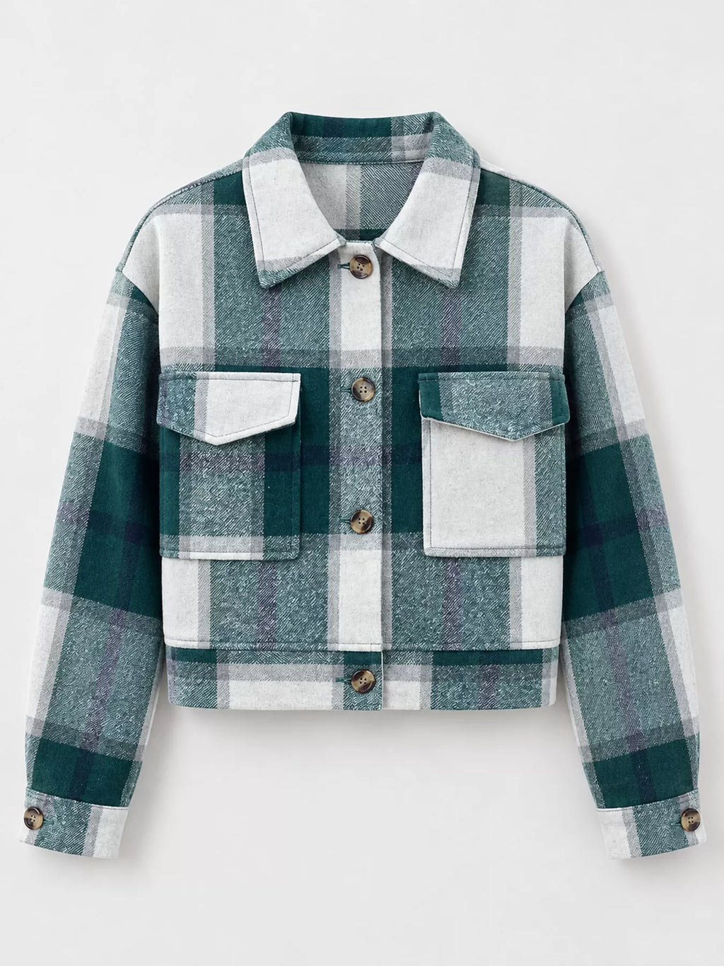 Green color-block plaid cropped jacket with flap chest pockets, displayed flat.