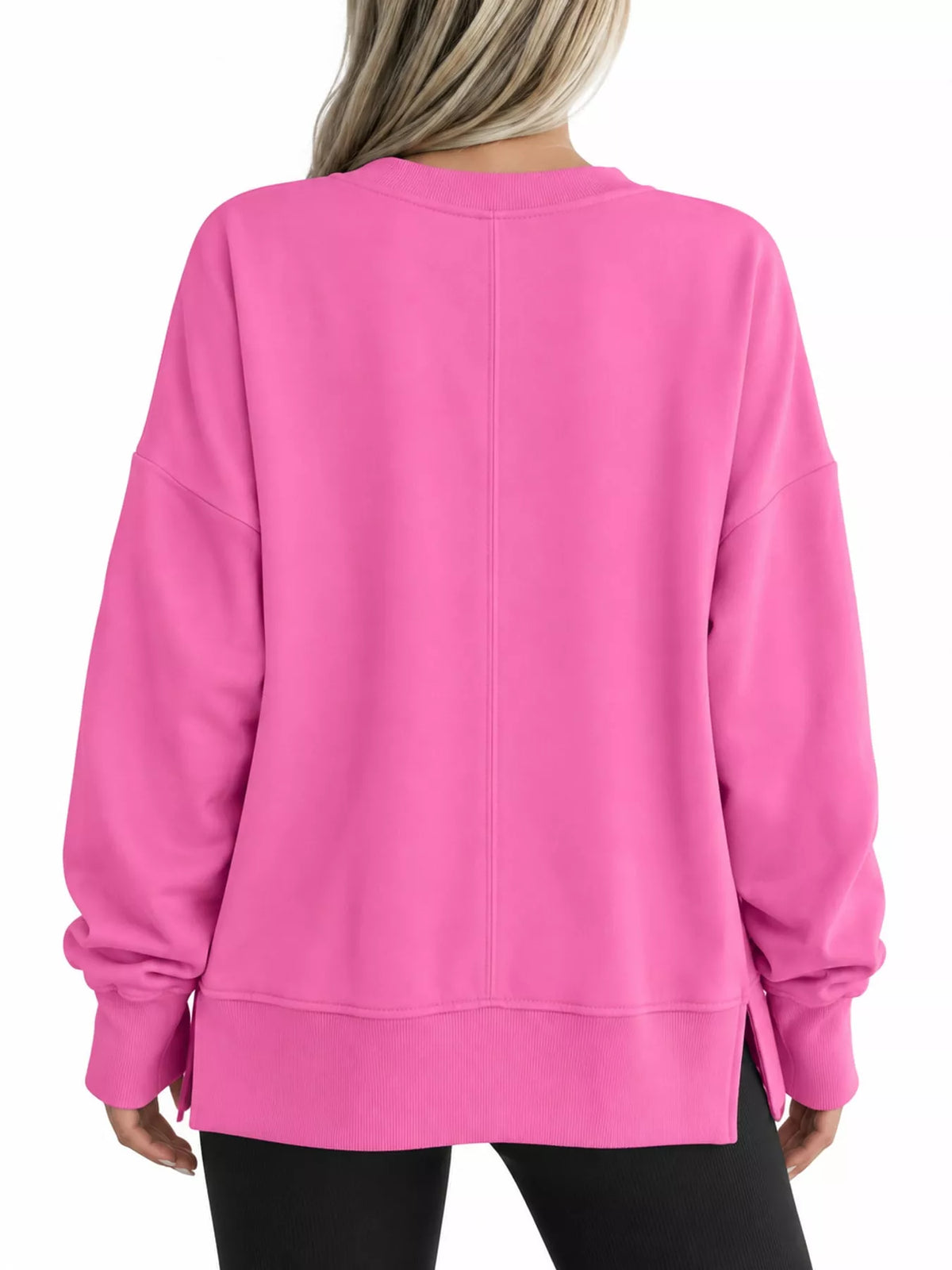 Hot pink oversized Crew Neck Sweatshirt with Side Slit — back view
