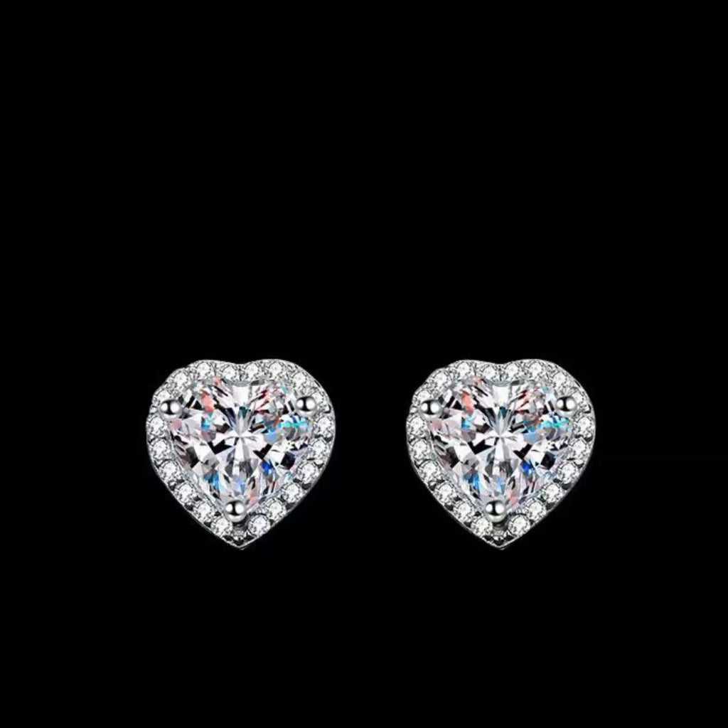 Heart-shaped clear stone halo stud earrings — detail view