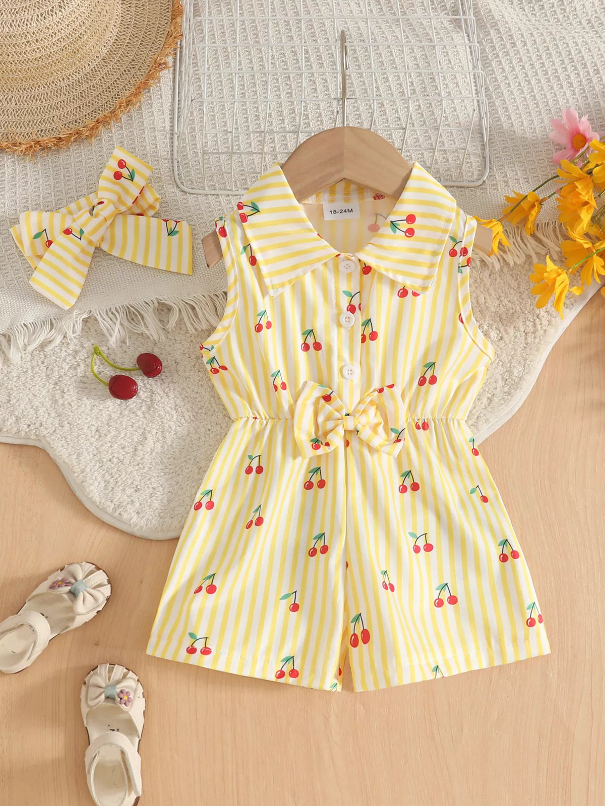 Yellow-and-white striped cherry-print sleeveless romper with matching bow headband.