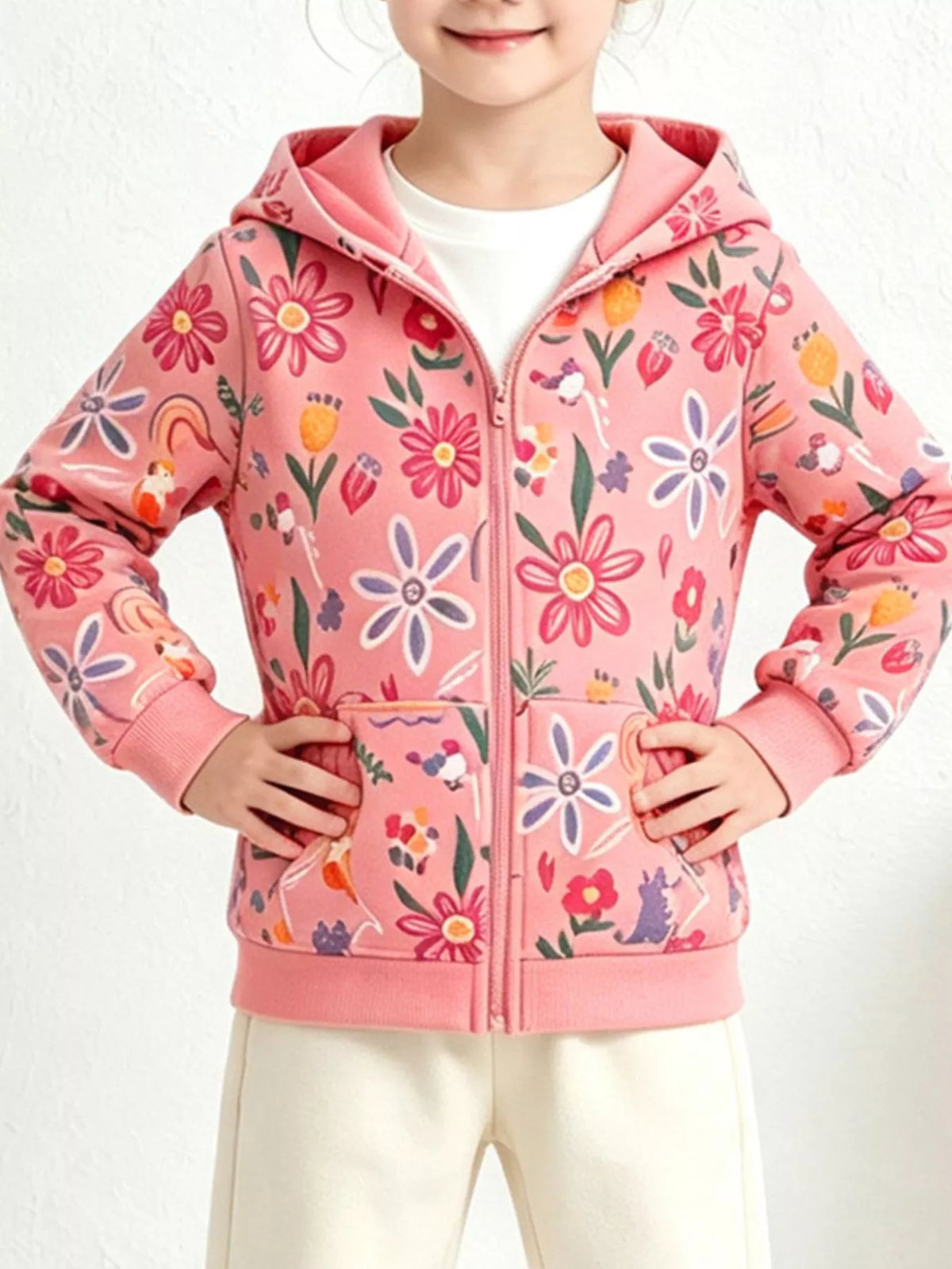 Front view of the child's pink floral zip-up jacket.