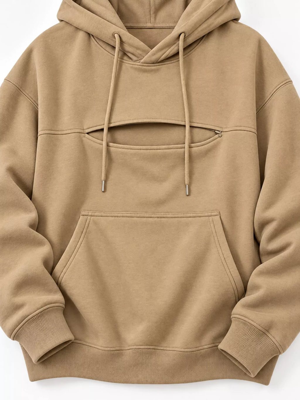 Tan cat Pouch Drawstring Hoodie — detail view