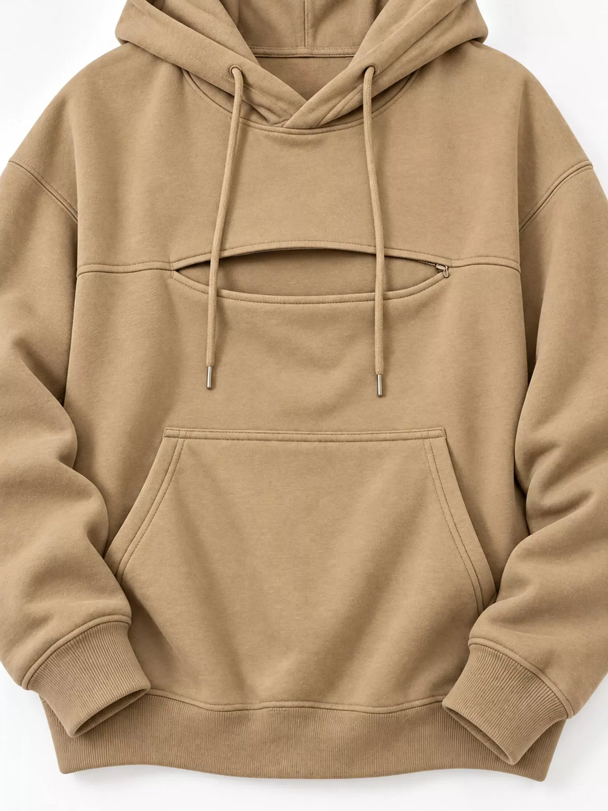 Tan cat Pouch Drawstring Hoodie — detail view