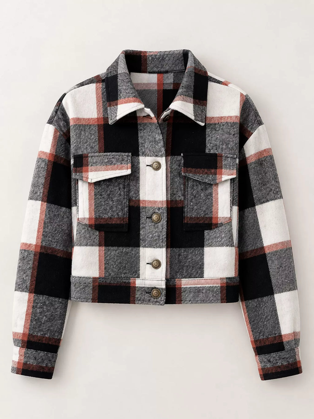 Black color-block plaid cropped jacket with flap chest pockets, displayed flat.