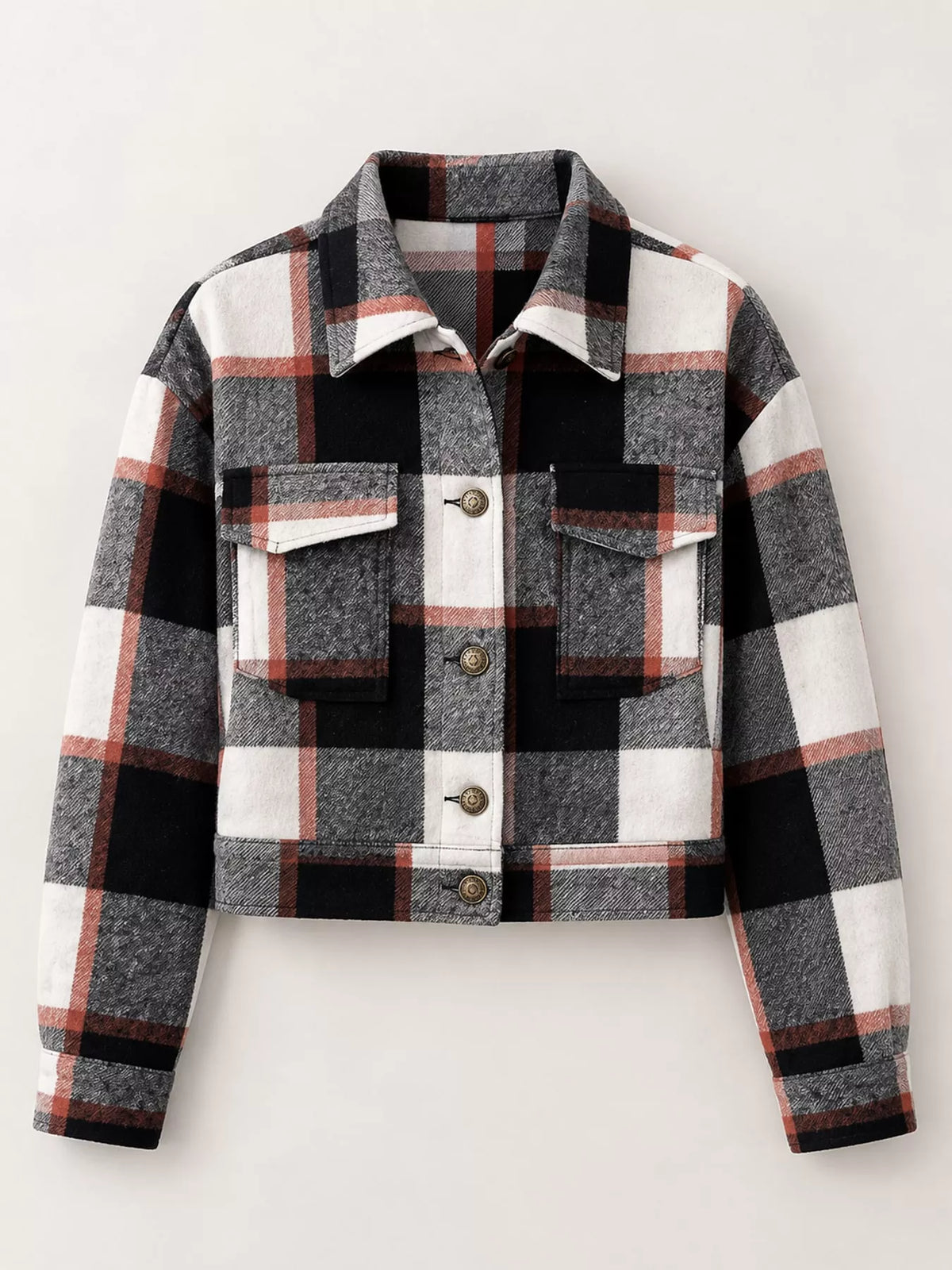 Black color-block plaid cropped jacket with flap chest pockets, displayed flat.