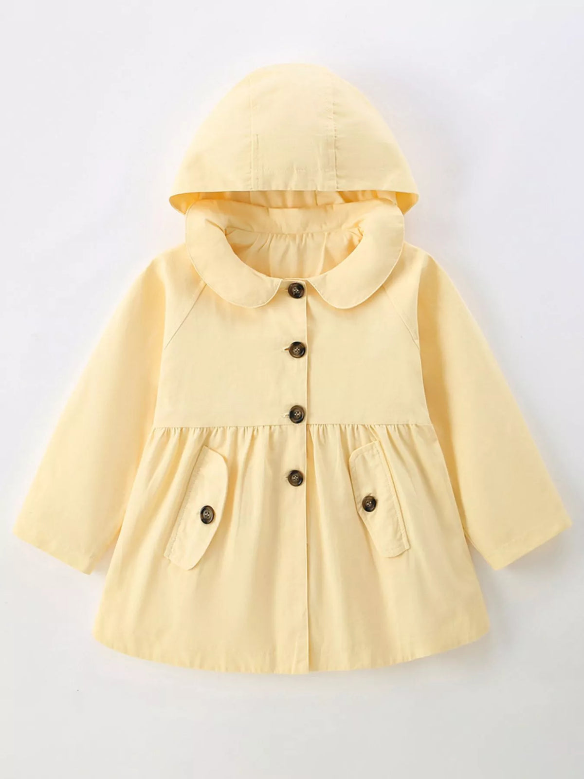 Yellow hooded peplum coat with button front displayed flat