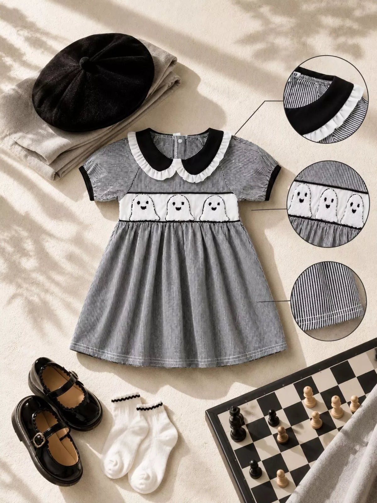 Gray ghost-print dress flat lay with inset views of the collar, waistband and skirt fabric.