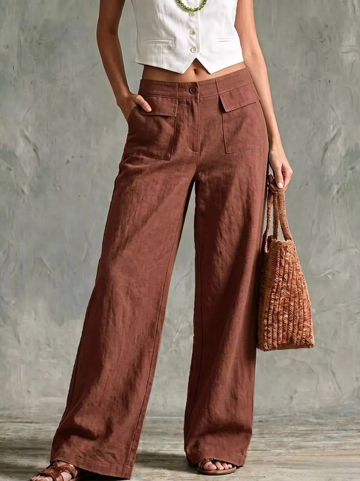 Rust high-Waisted Wide-Leg Cargo Pants