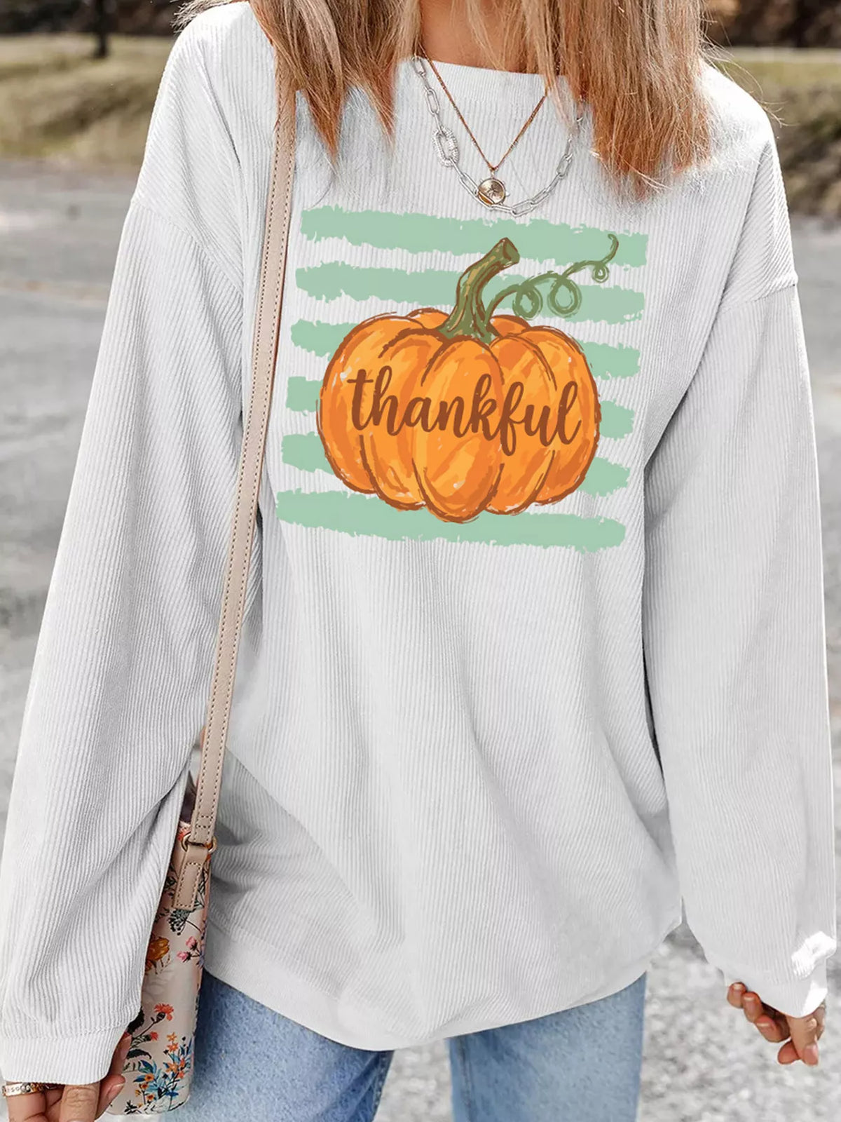White thankful Pumpkin Ribbed Tunic Pullover Sweatshirt