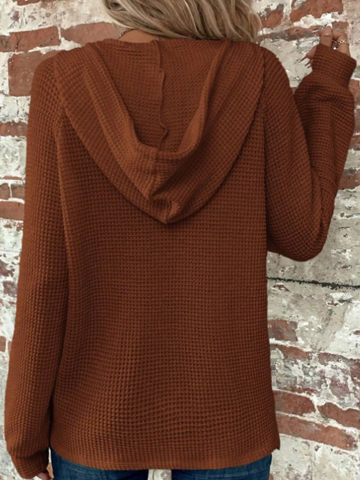 Brown waffle Knit Button Detail Hoodie — back view