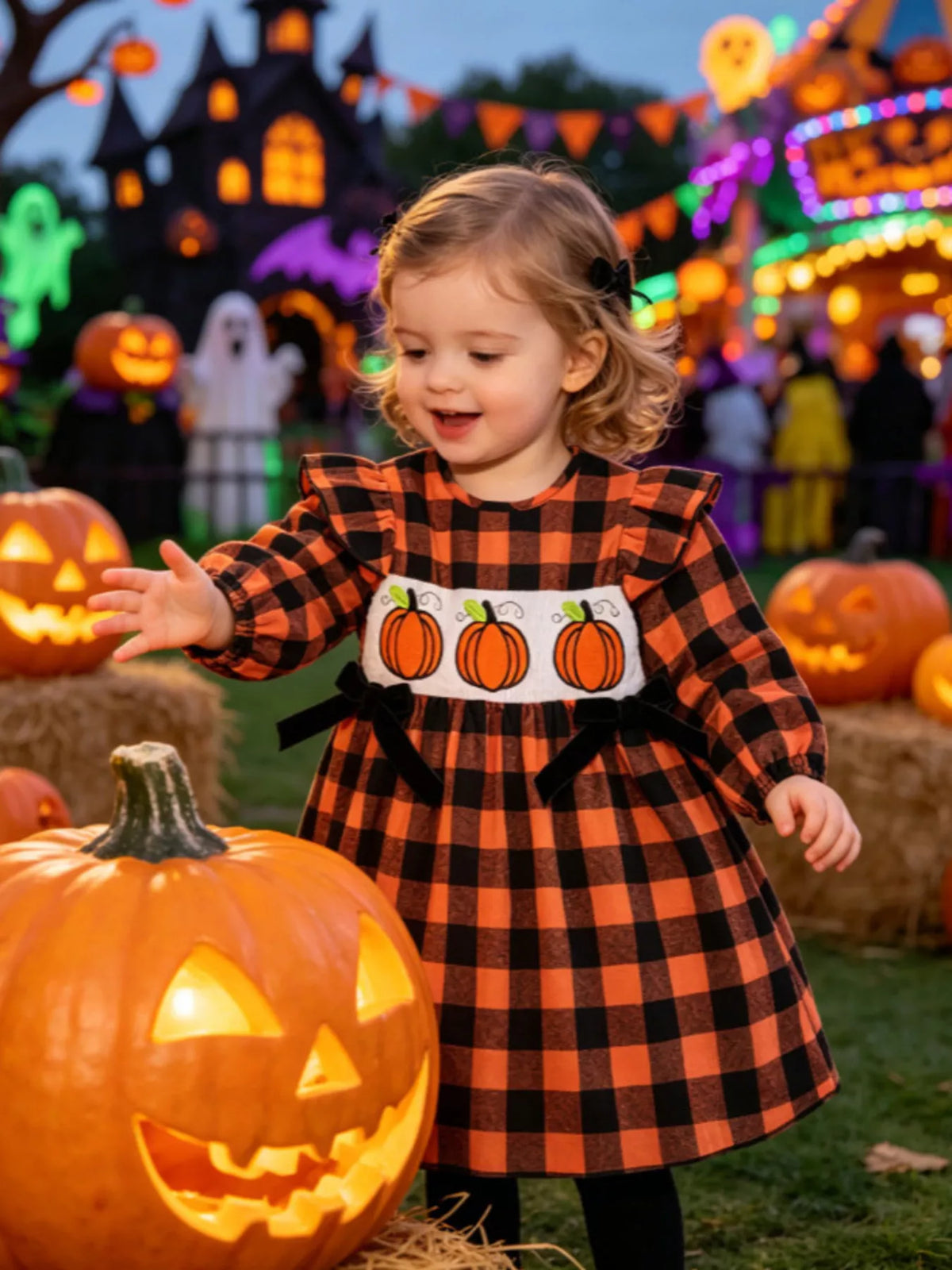 Children’s orange and black plaid smocked dress with pumpkin embroidery worn by a child