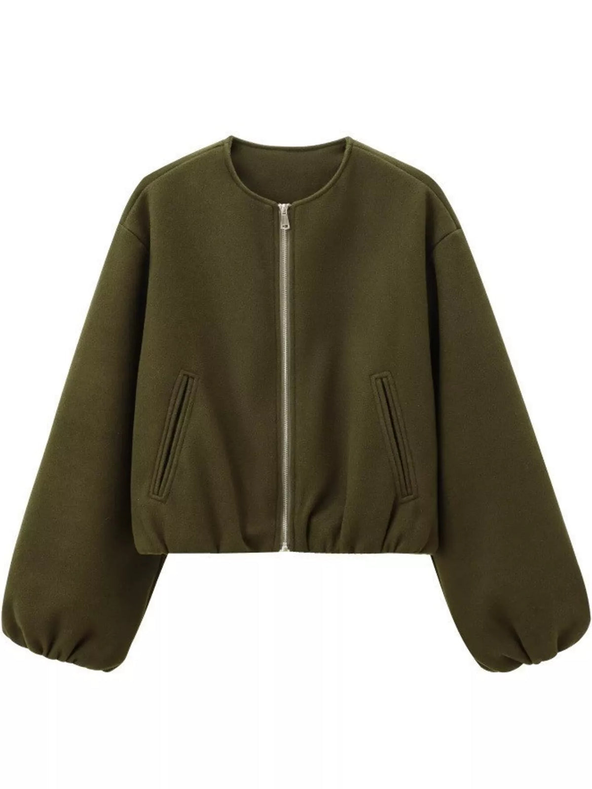 Army-green round-neck zip-up jacket with gathered hem and sleeves, front view.