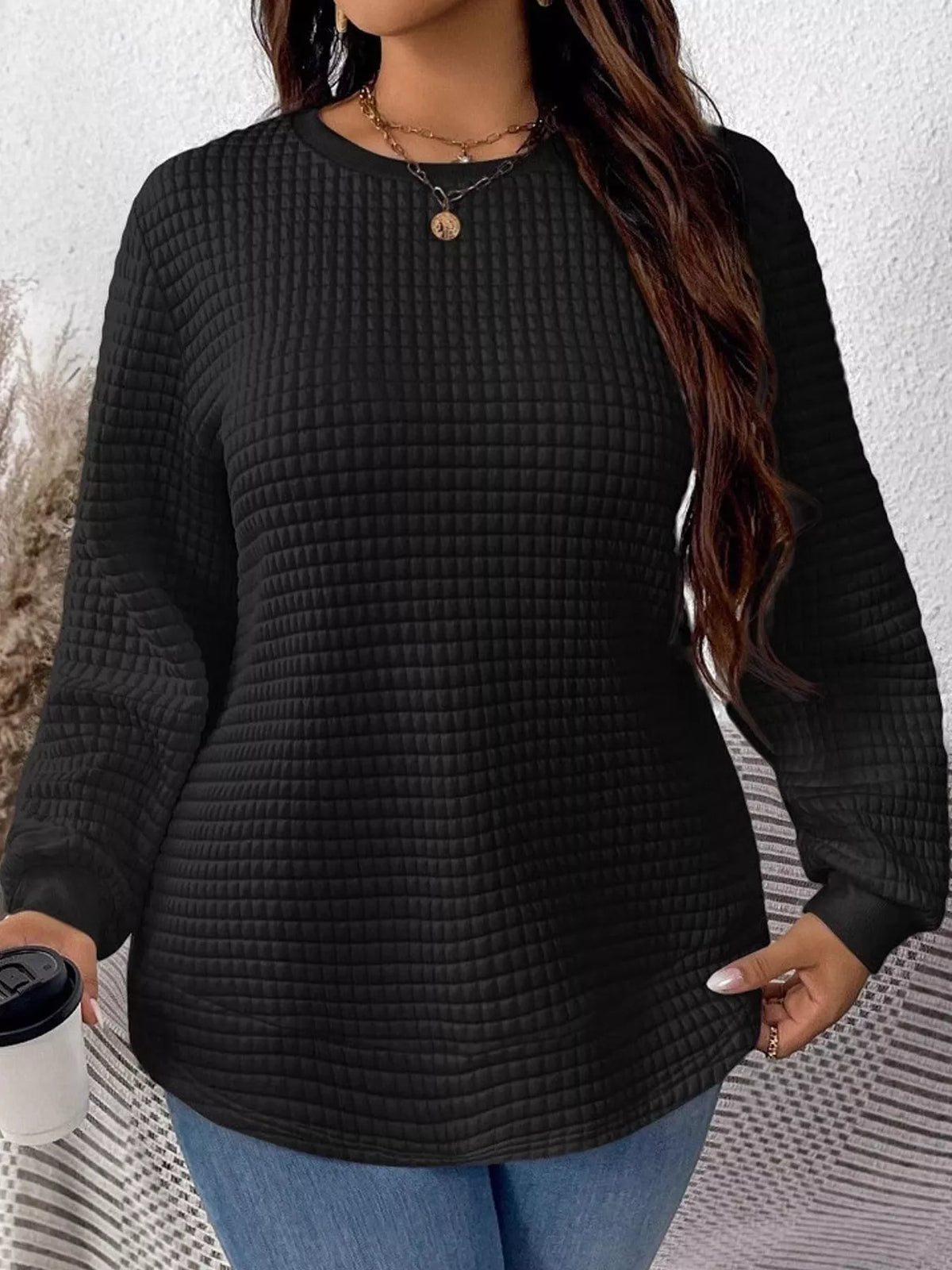 Black textured Waffle Knit Crew Neck Sweatshirt