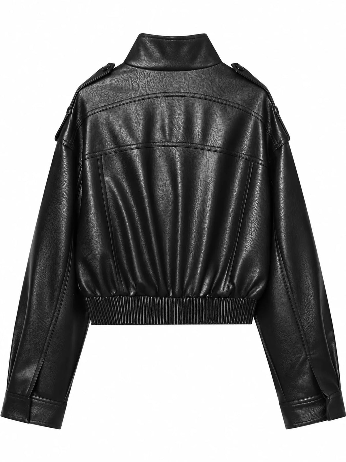 Back view of the black faux-leather cropped bomber jacket.