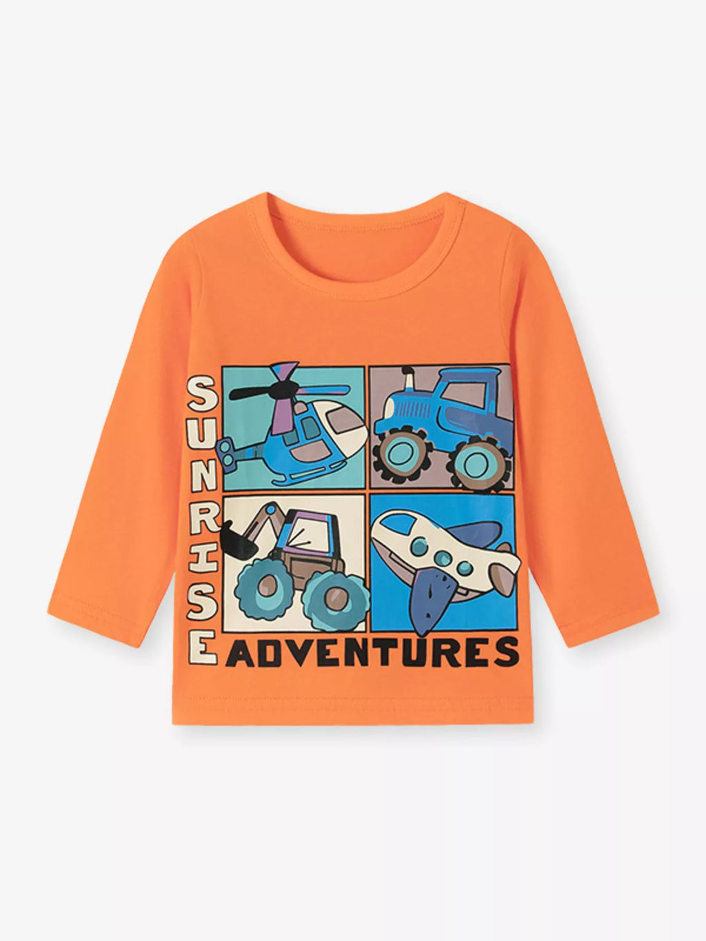 Front product view of the orange children's vehicle graphic long-sleeve shirt.