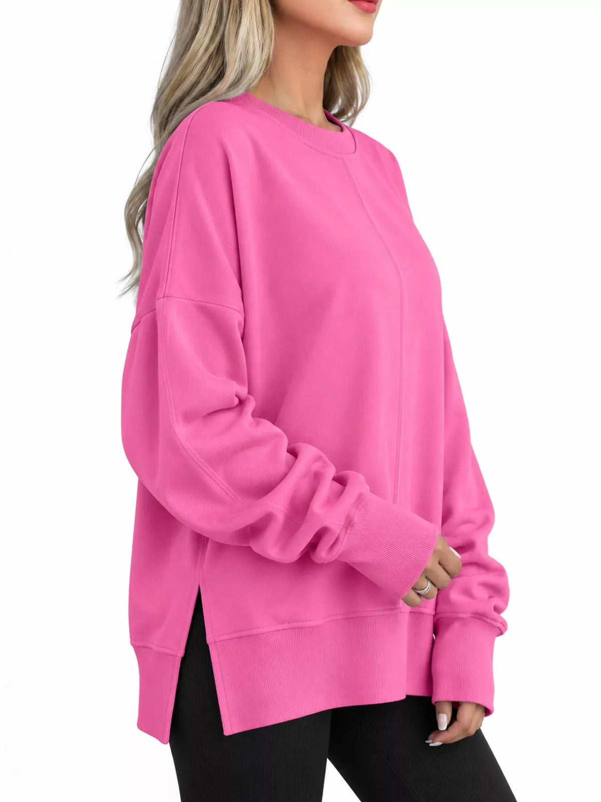 Hot pink oversized Crew Neck Sweatshirt with Side Slit