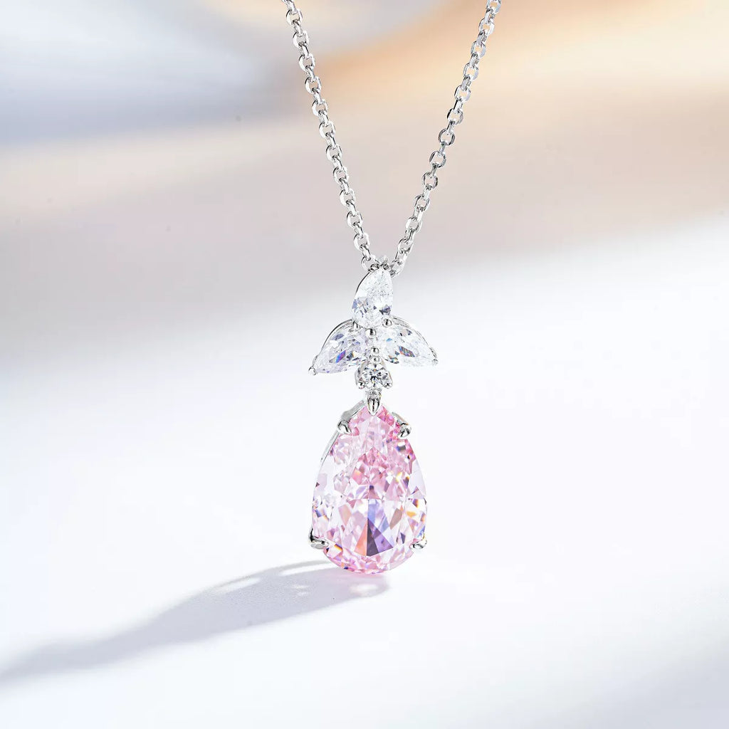 Pink teardrop pendant necklace — detail view