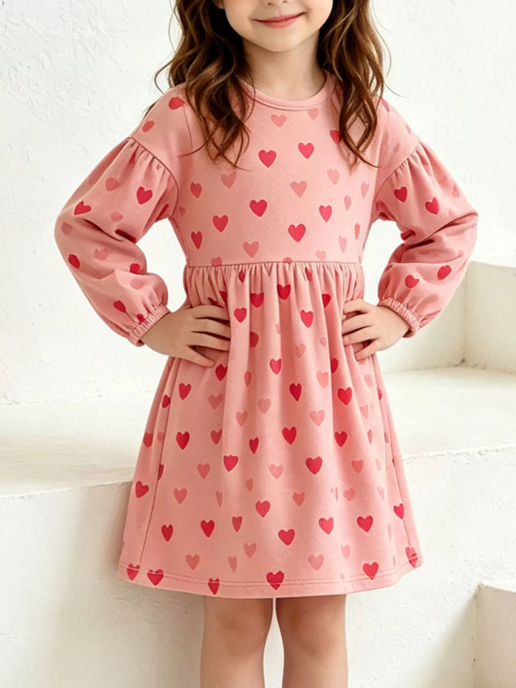 Child wearing a pink long-sleeve dress with red heart prints and gathered skirt.