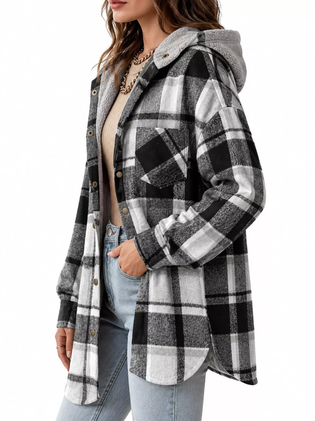 Side view of the black-and-white plaid hooded jacket.