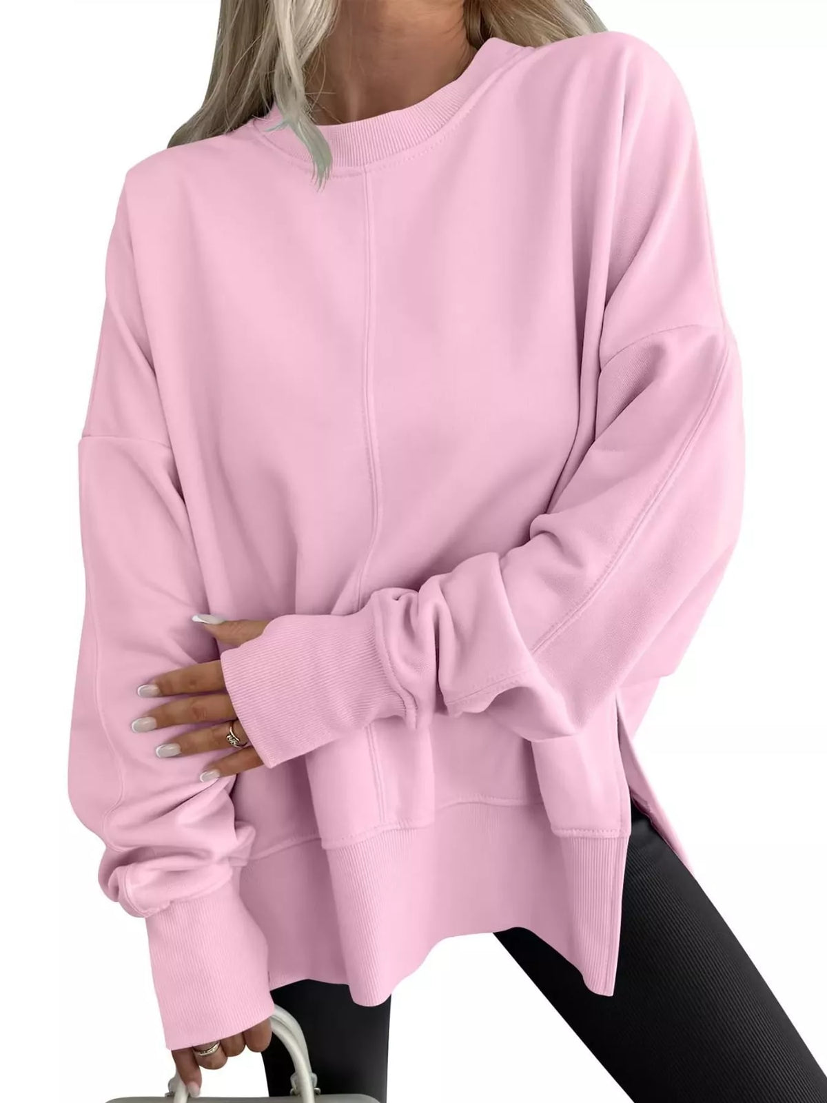 Pink oversized Crew Neck Sweatshirt with Side Slit