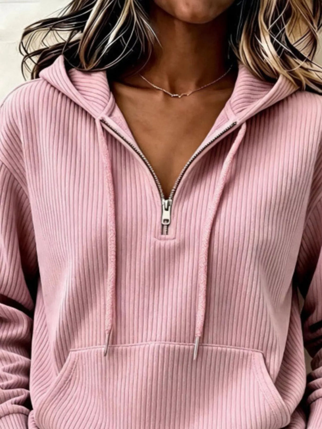 Pink ribbed Knit Quarter-Zip Hoodie — detail view