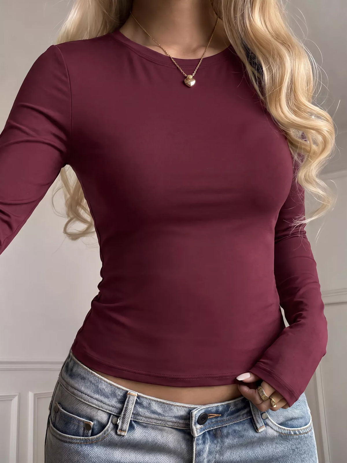 Burgundy slim-Fit Long Sleeve Crew Neck T-Shirt