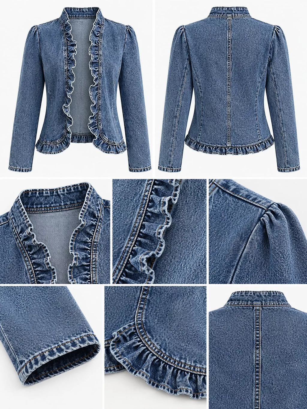 Collage of the blue jacket's front, back, ruffled edges and seam details.