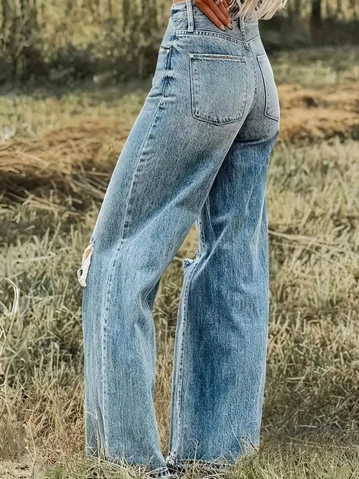Light blue high-Waisted Distressed Wide-Leg Jeans