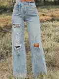 Light blue high-Waisted Distressed Wide-Leg Jeans