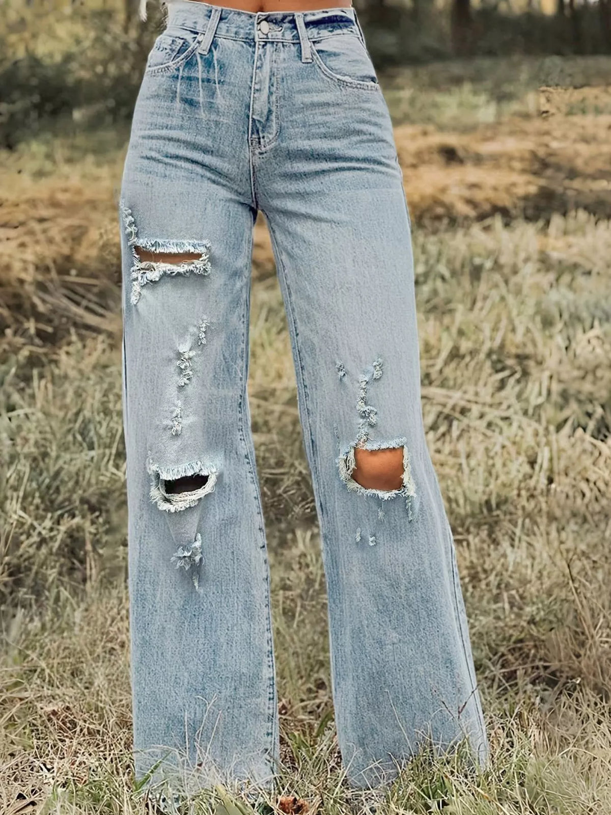 Light blue high-Waisted Distressed Wide-Leg Jeans