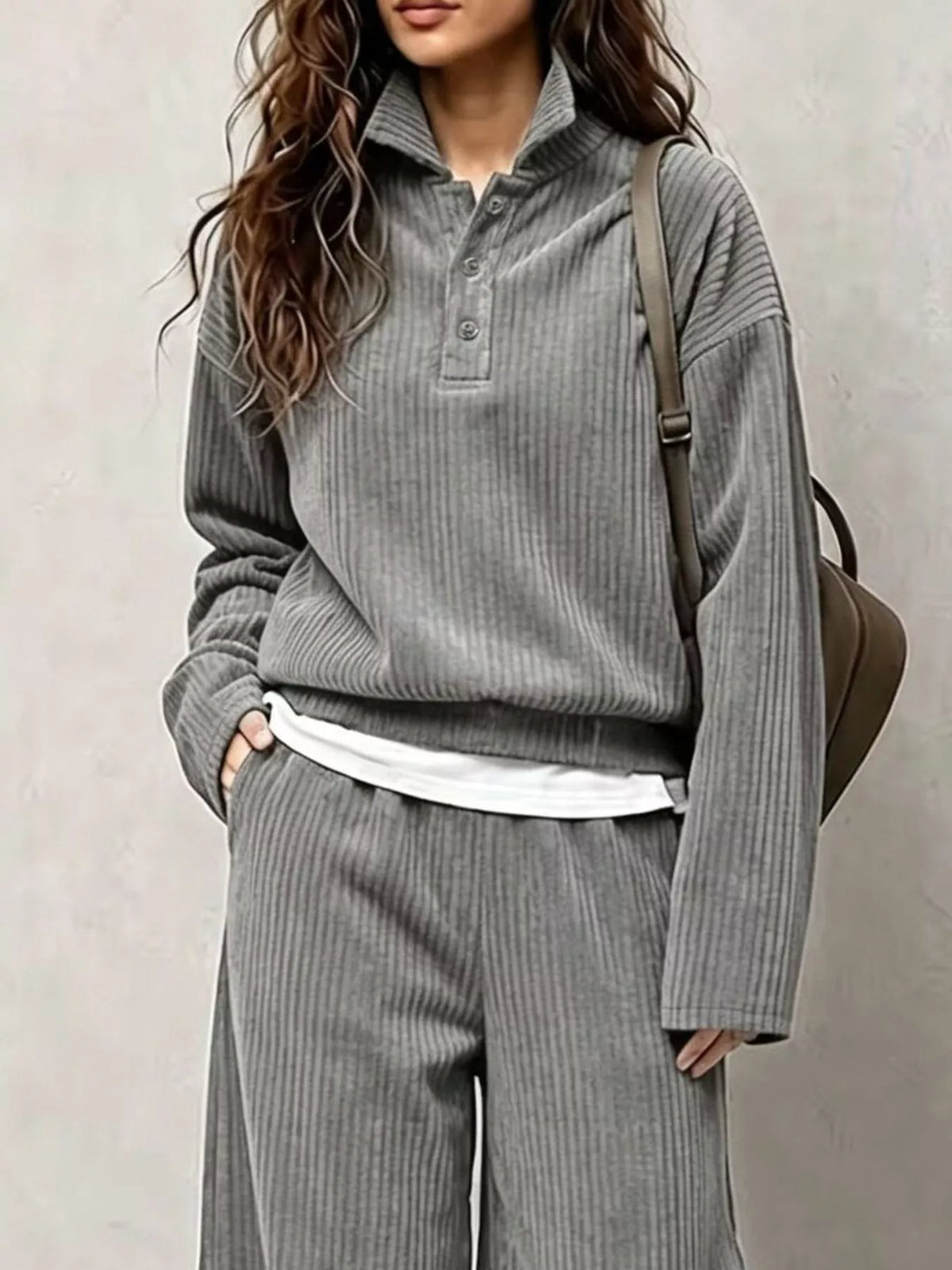 Gray corduroy Button Detail Top and Wide-Leg Pants Set