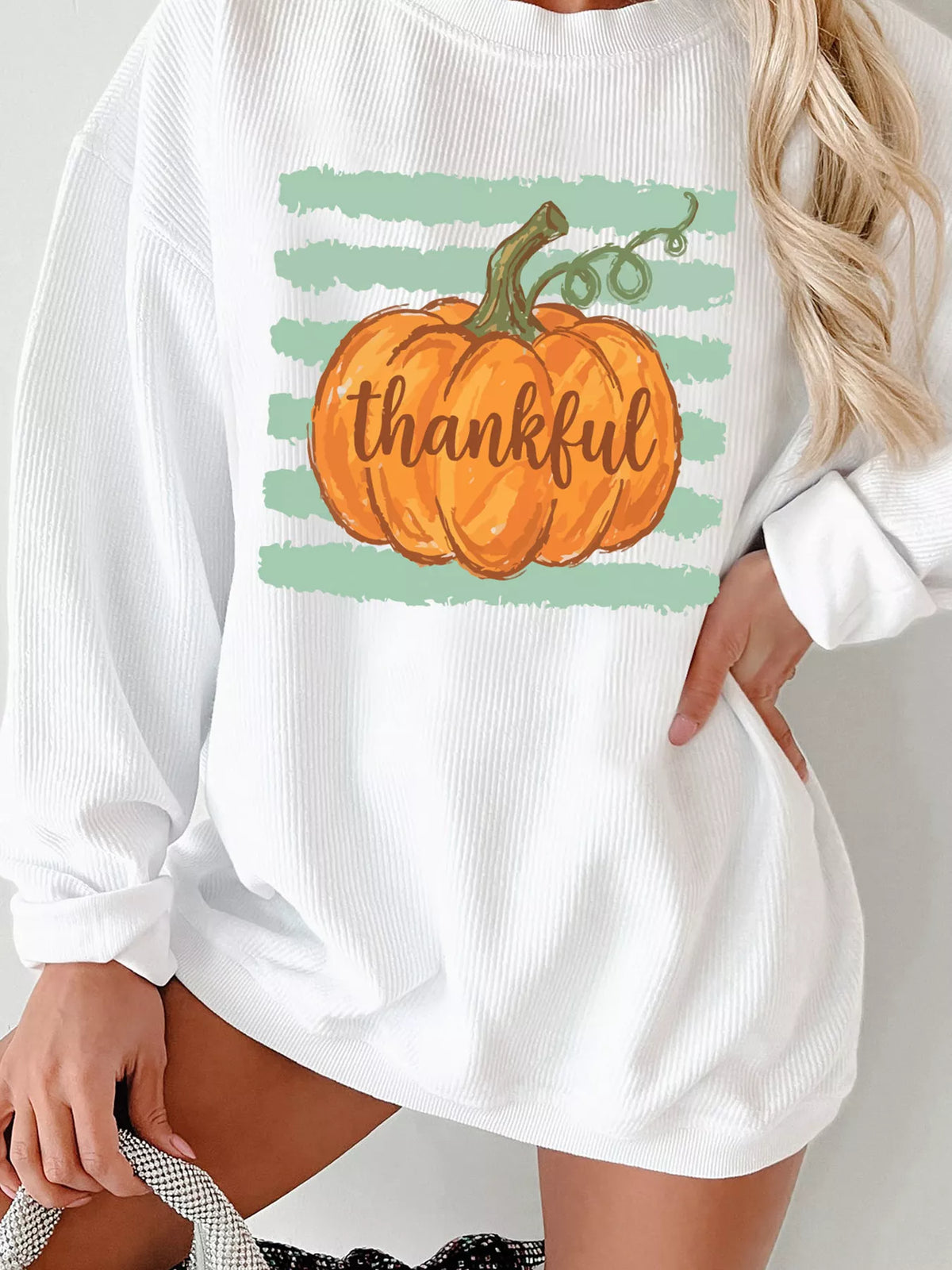 White thankful Pumpkin Ribbed Tunic Pullover Sweatshirt