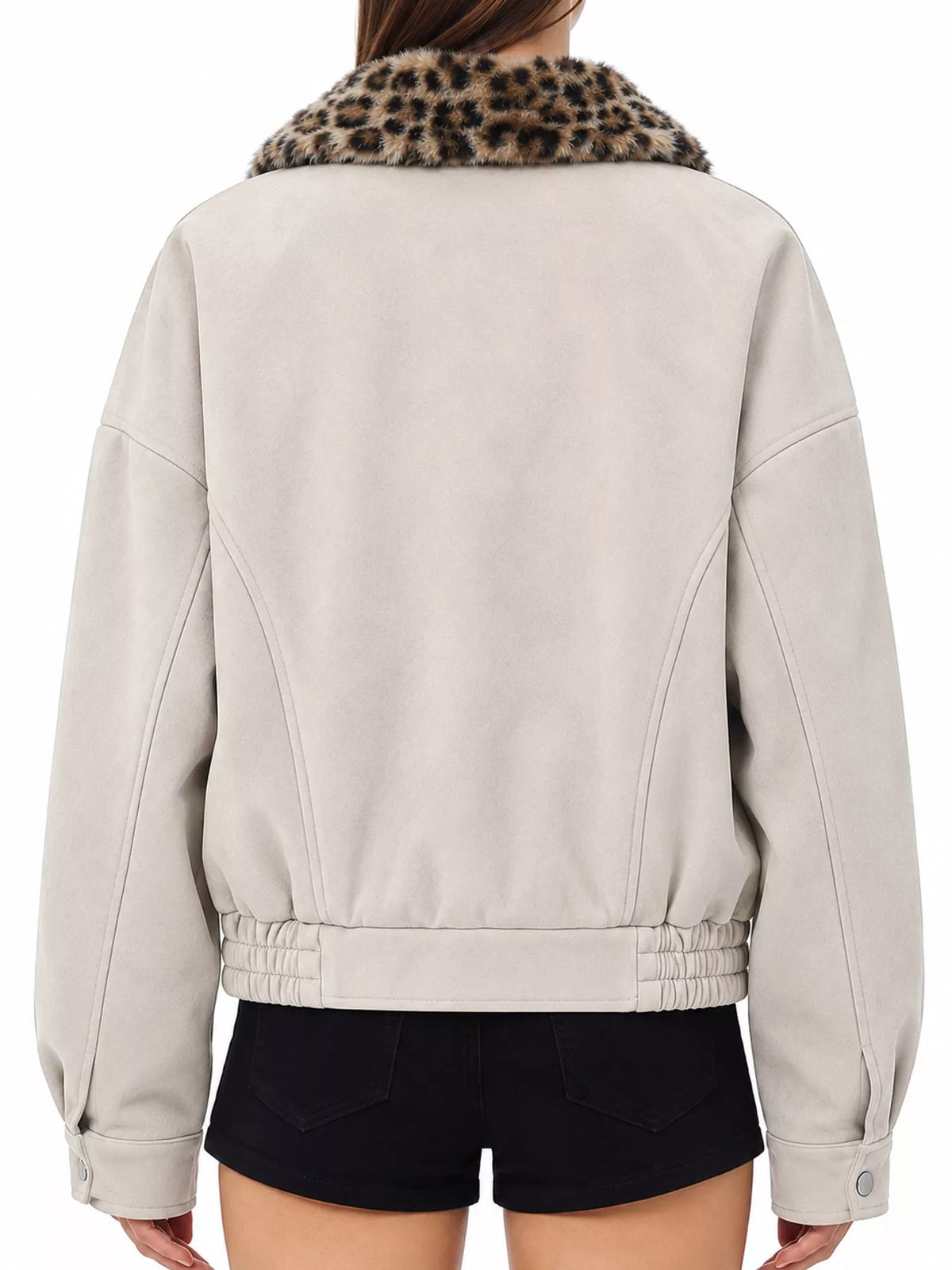 Back view of the apricot jacket and leopard-print collar.