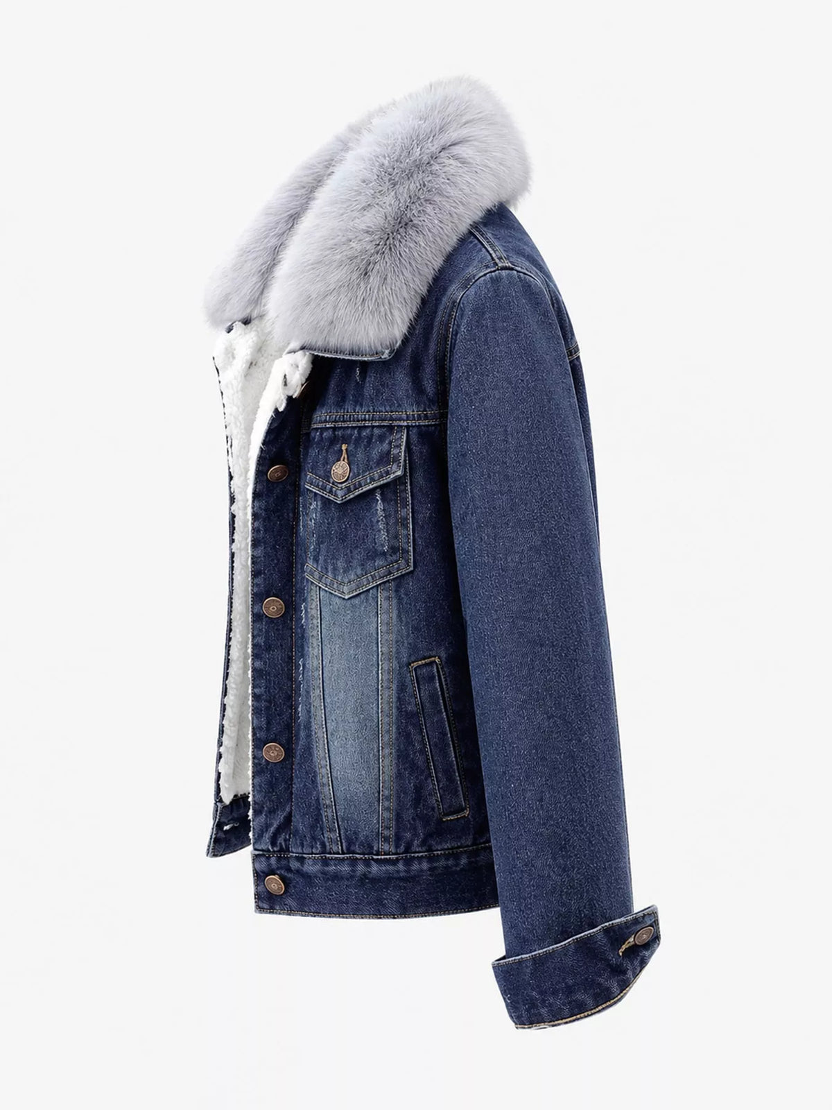 Side view of the dark-blue denim jacket with gray plush collar.