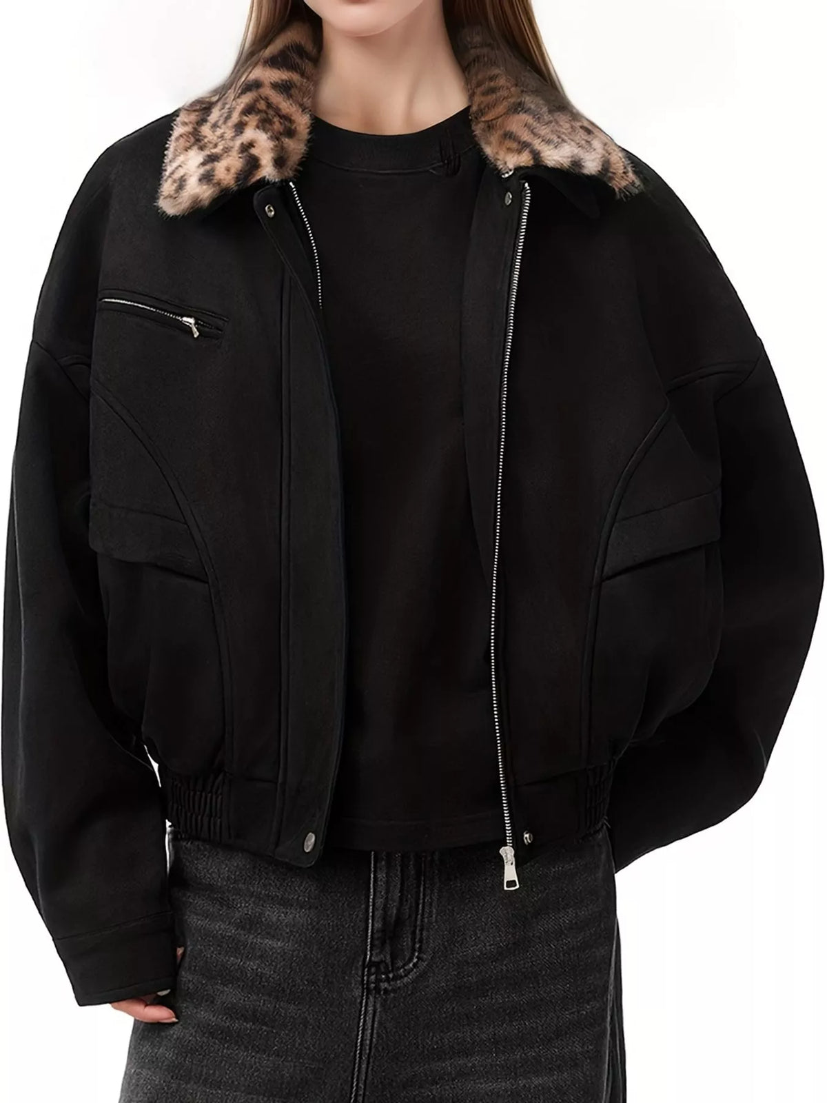 Black zip-up jacket with a leopard-print collar, front view.