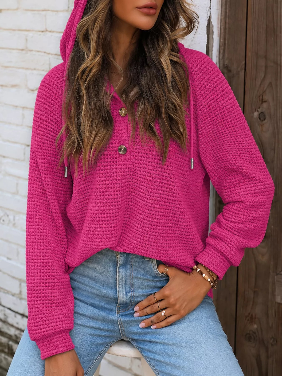 Hot pink waffle Knit Button Detail Hoodie