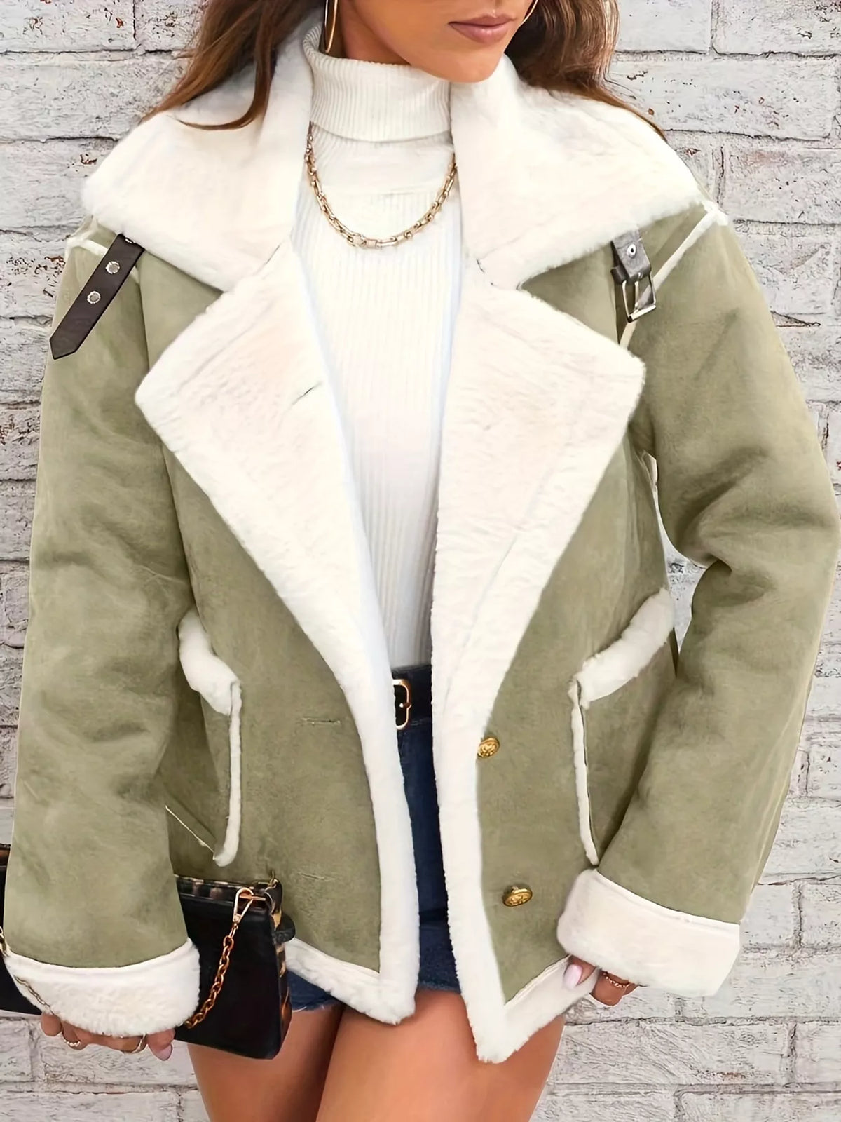 Matcha-green jacket with wide white plush lapels, contrast trim and front pockets, front view.