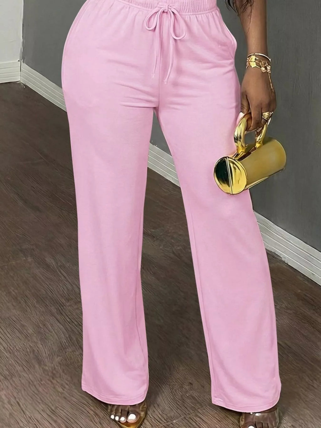 Pink short Sleeve Top and Wide Leg Pants Set — detail view