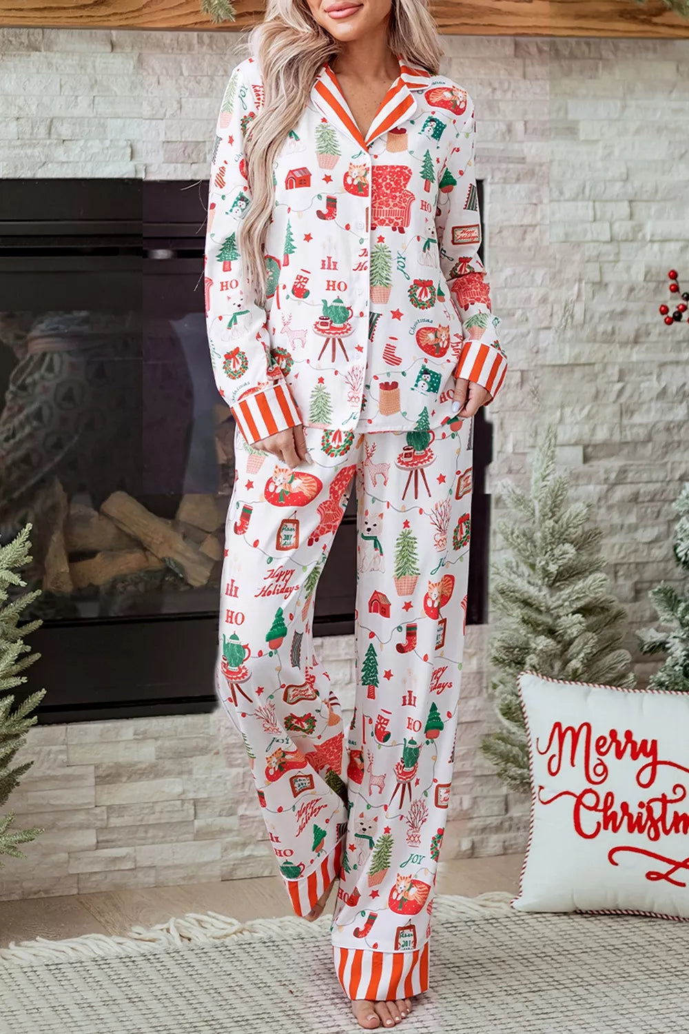 White striped Holiday Long Sleeve Two Piece Shift Home Wear Lounge Set