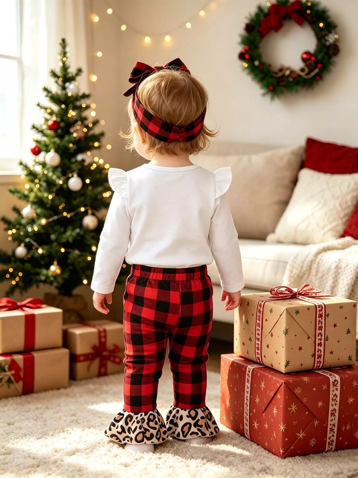 Back view of the white top and red plaid pants with matching headband.