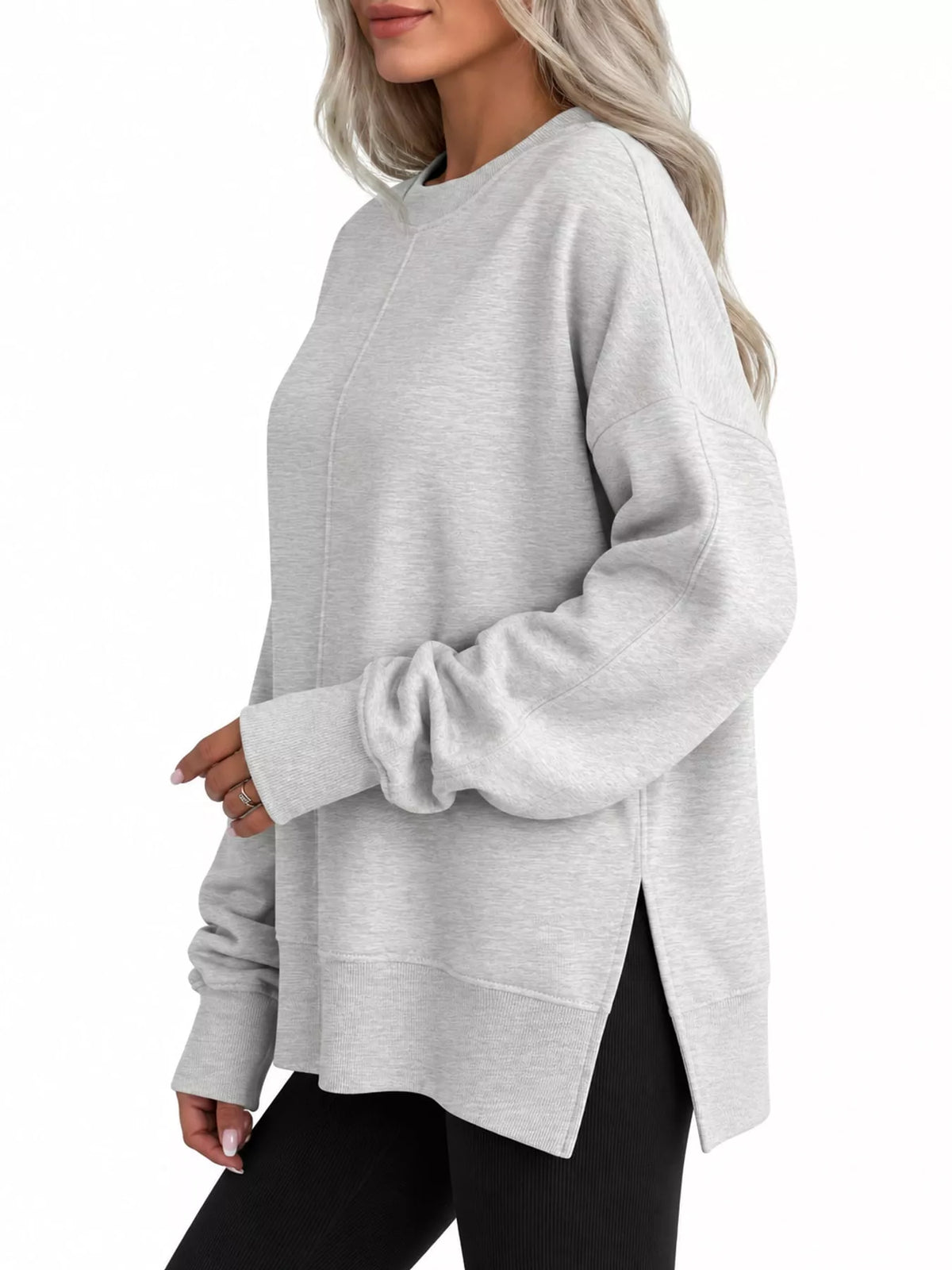 Light gray oversized Crew Neck Sweatshirt with Side Slit