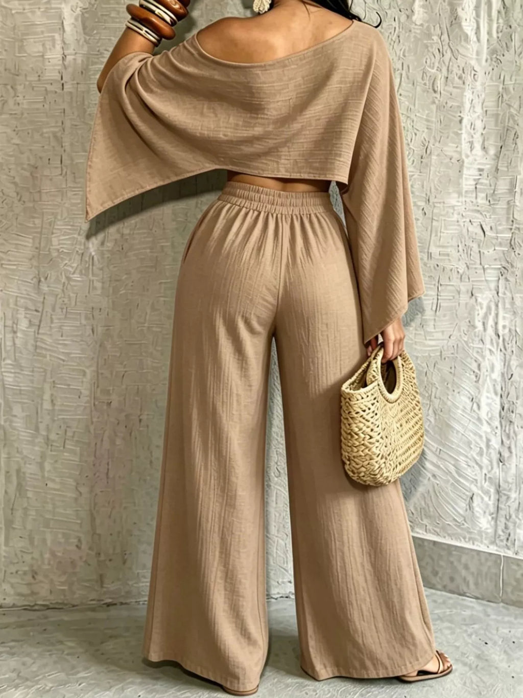 Tan boat Neck Crop Top and Wide-Leg Pants Set — back view