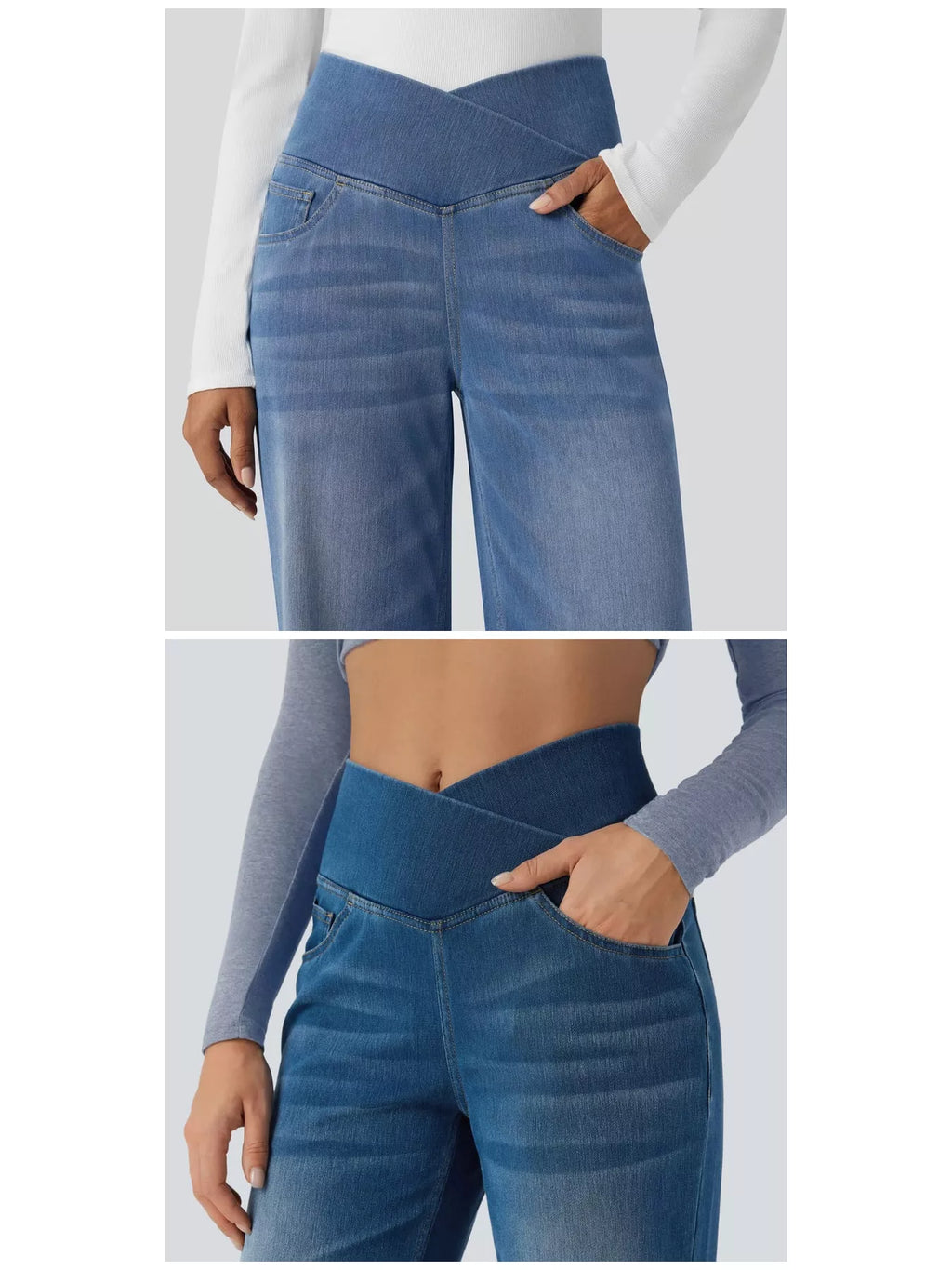 Light blue high-waisted crossover waistband straight-leg jeans — detail view