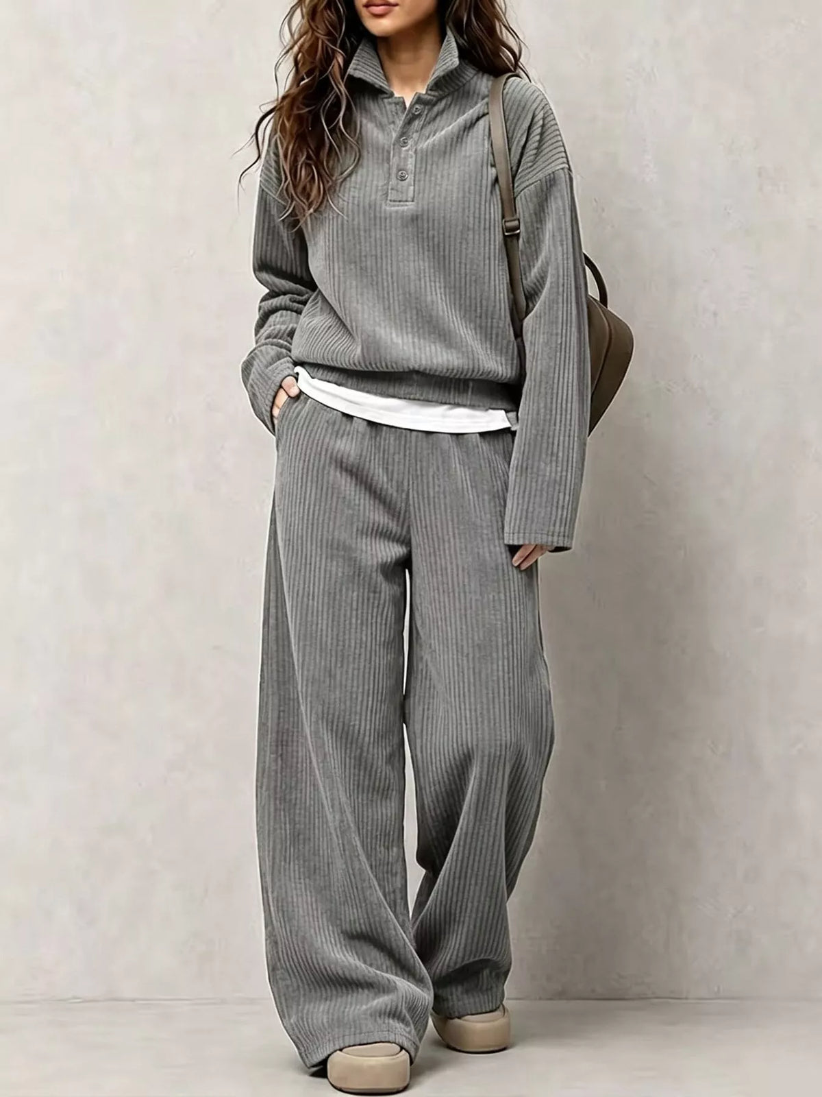 Gray corduroy Button Detail Top and Wide-Leg Pants Set